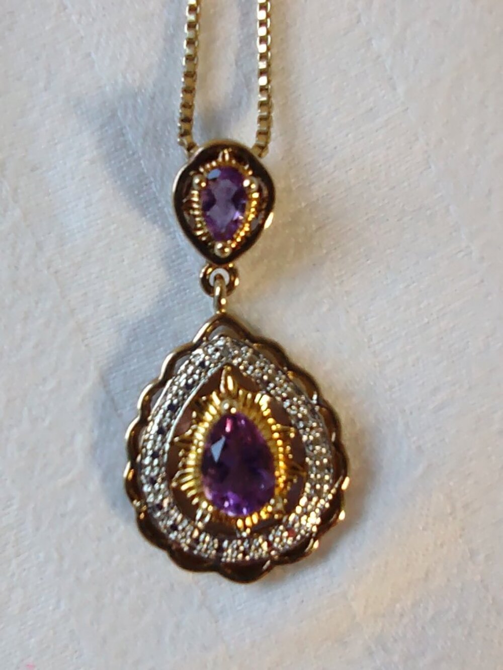 Necklace-2 Amethyst Stones Pendant- + 17.5" Box Chain - Sterling Silver 925 - Picture 12 of 14